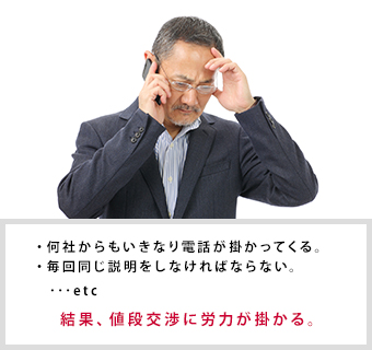 ・何社からもいきなり電話が掛かってくる。・毎回同じ説明をしなければならない。･･･etc 結果、値段交渉に労力が掛かる。