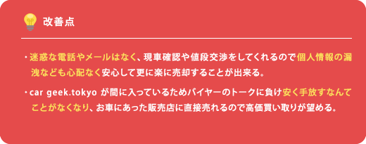 改善点 ・迷惑な電話やメールはなく、現車確認や値段交渉をしてくれるので個人情報の漏　洩なども心配なく安心して更に楽に売却することが出来る。・car geek.tokyo が間に入っているためバイヤーのトークに負け安く手放すなん　てことがなくなり、お車にあった販売店に直接売れるので高価買い取りが望める。